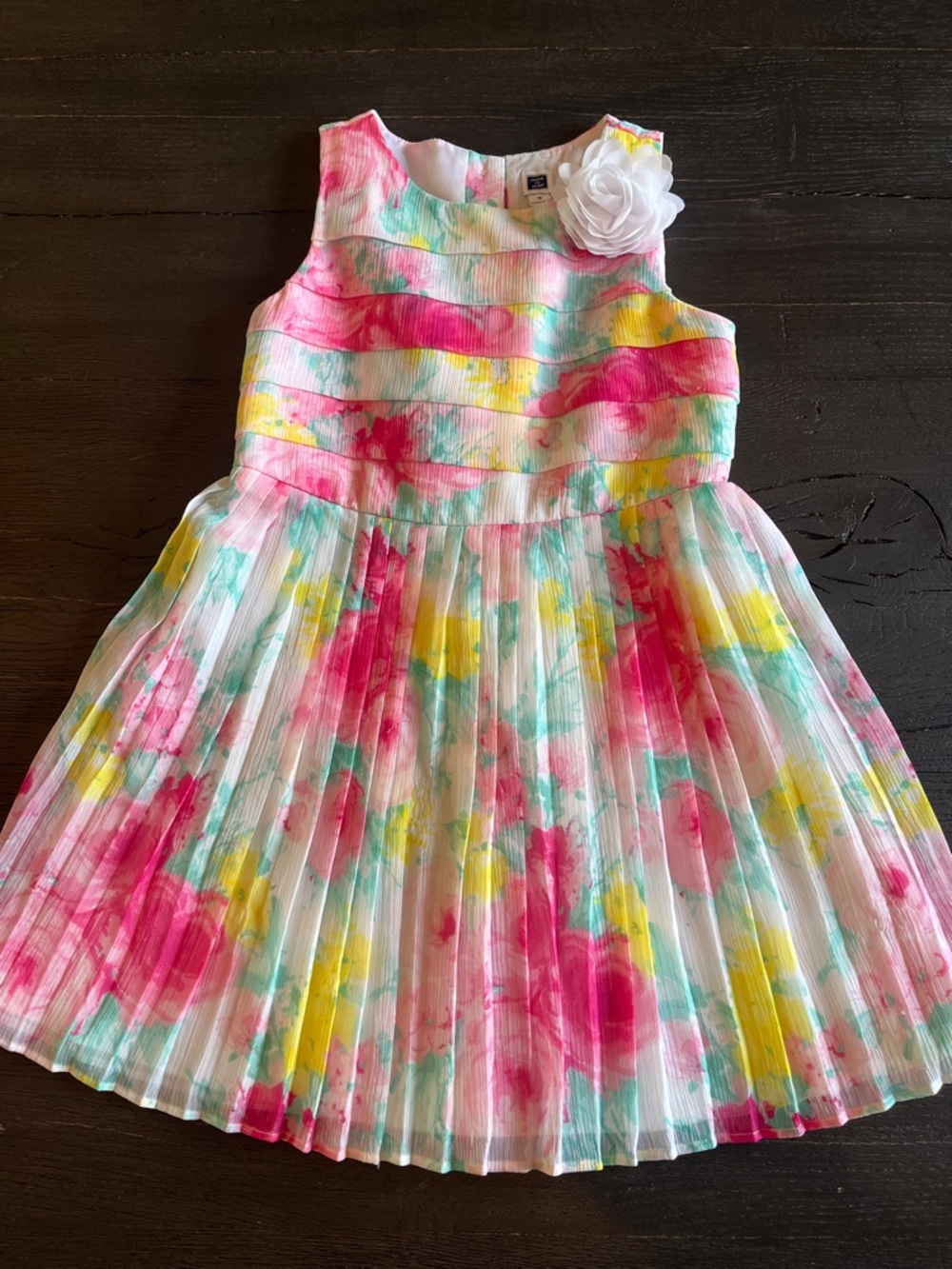 Janie and Jack Pleated Floral Dress in Pink, Yellow & Aqua with Flower Accent